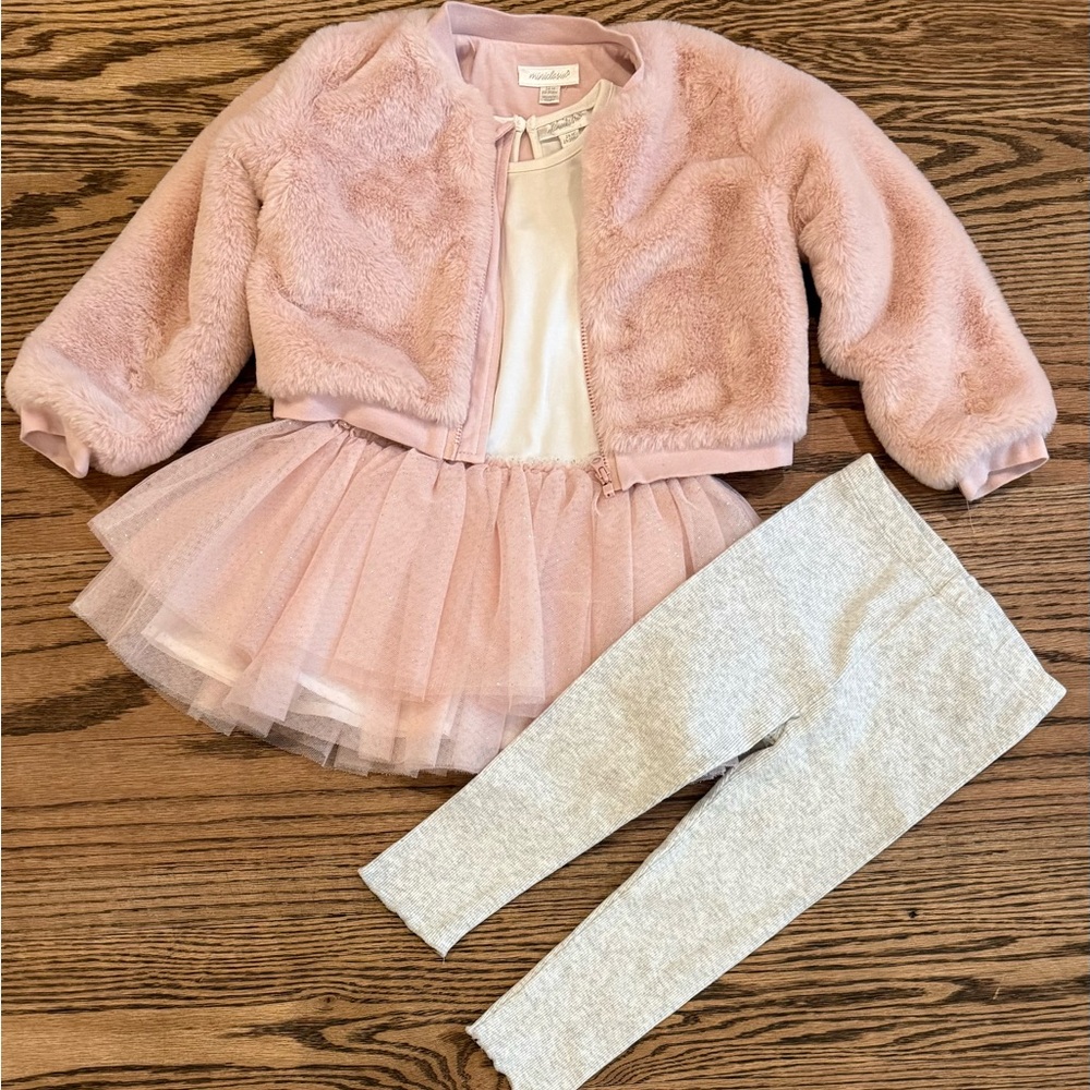 MINICLASIX PINK FAUX FUR JACKET, TUTU TOP & LEGGING SET